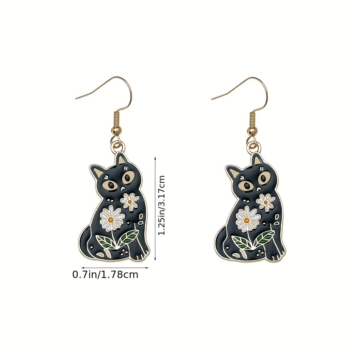 Whimsical Feline Enamel Dangle Earrings - Retro Elegant Style, Zinc Alloy, Flower Print, Cute Black Cat Design, Exquisite Female Gift, Durable, Hypoallergenic, Nickel-Free Jewelry