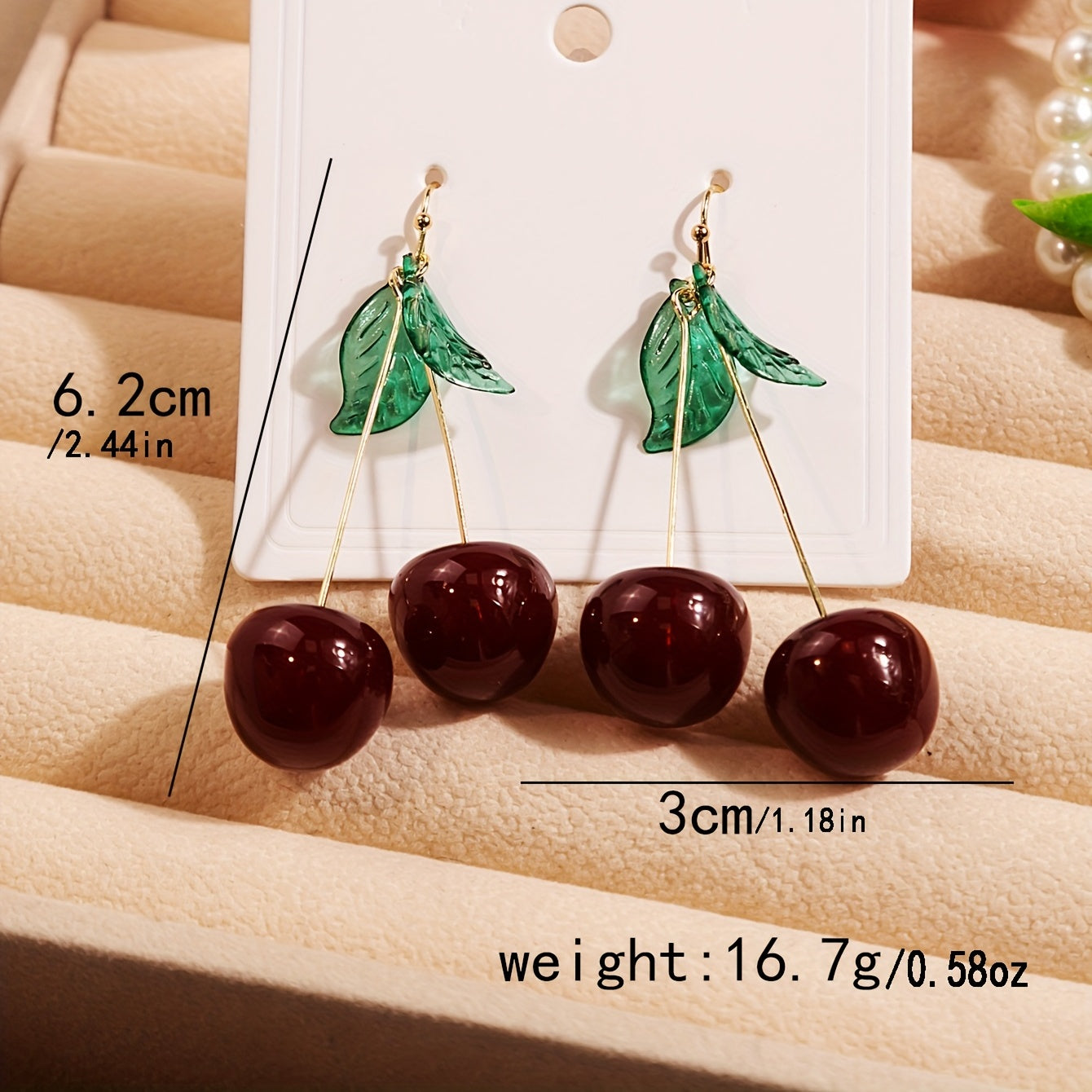 [Cute Cherry Earrings] Exquisite Cherry Drop Earrings - Handmade Resinous Material - Delicate Gift For Students with Green Leaf Cartoon Cute Temperament