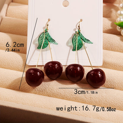 [Cute Cherry Earrings] Exquisite Cherry Drop Earrings - Handmade Resinous Material - Delicate Gift For Students with Green Leaf Cartoon Cute Temperament