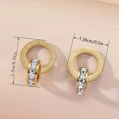 Elegantes Aretes de Acero Titanio con Circonitas Brillantes y Números Romanos - Hipoalergénicos, Perfectos para Cualquier Ocasión, Ideal Regalo para Ella