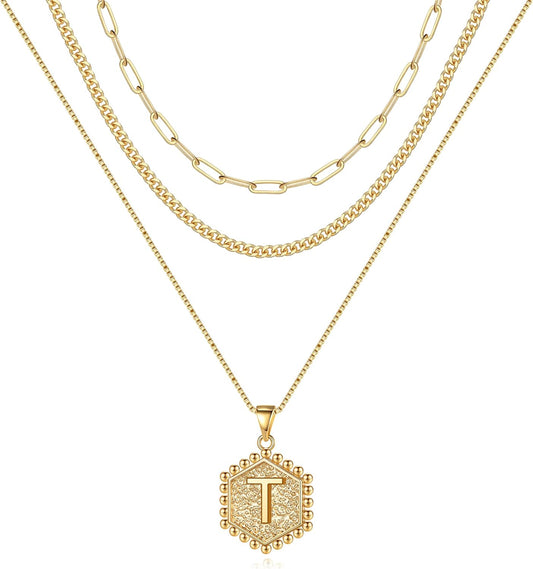 MOOHAM Layered Initial Necklaces - 14K Real Gold Plated Layered Necklace Initial Necklace Paperclip Chain for Women