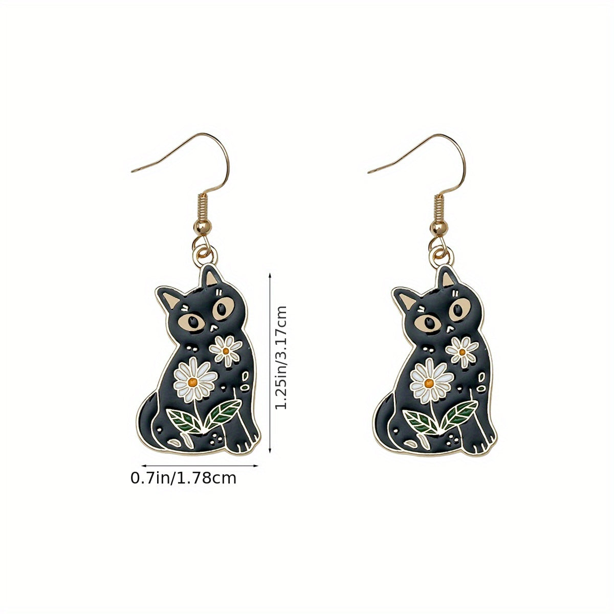 Whimsical Feline Enamel Dangle Earrings - Retro Elegant Style, Zinc Alloy, Flower Print, Cute Black Cat Design, Exquisite Female Gift, Durable, Hypoallergenic, Nickel-Free Jewelry
