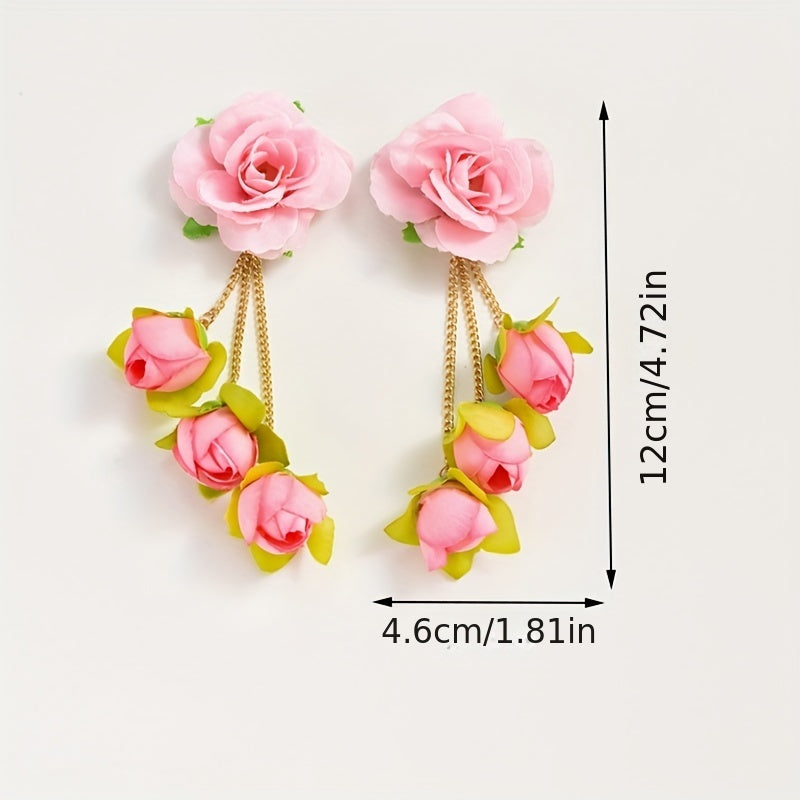 [Popular Choice] Colorful Bohemian Tassel Fabric Flower Earrings - Vibrant Polyester Dangle Earrings with Stainless Steel Hooks for Daily & Party Wear, All-Season Boho Chic Style