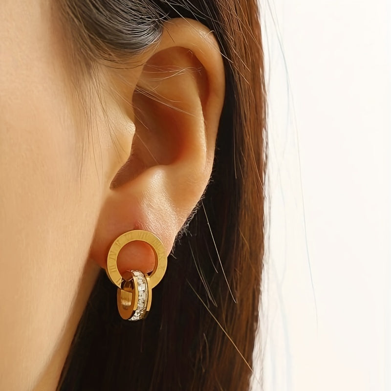 Elegantes Aretes de Acero Titanio con Circonitas Brillantes y Números Romanos - Hipoalergénicos, Perfectos para Cualquier Ocasión, Ideal Regalo para Ella