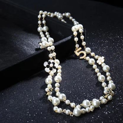 Pearl Number 5 Necklaces For Woman Flower Long two Layer Woman Necklace
