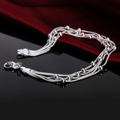 925 Delicate Silver Bracelet, 925 Sterling Silver Jewelry Five Line Beads Ball Bracelets Bangle for Women Pulseiras De Prata