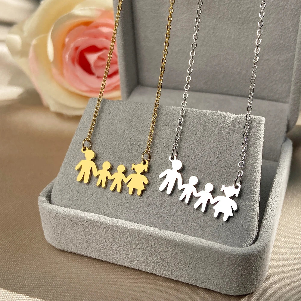 Stainless Steel Necklaces A Family Of Four People Pendant Choker Clavicle Chain Fashion Necklaces For Women Jewelry Mama's Gifts