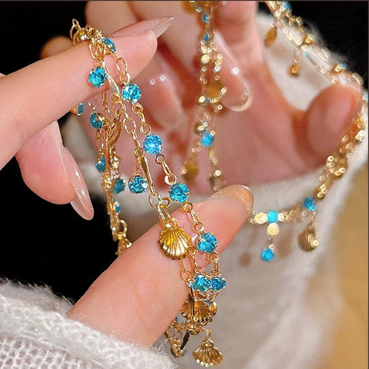 New Romantic Elegant Blue Crystal Shell Tassels Necklace for Women Luxury Charm Clavicle Chain Simple Wedding Jewelry Gifts