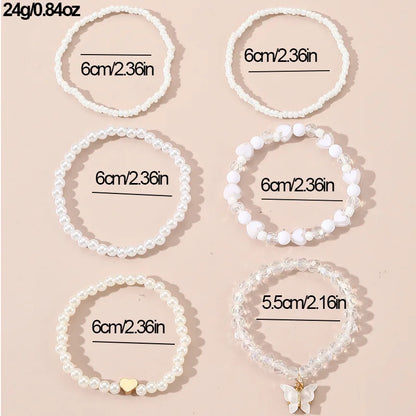 European and American Bracelet Simple Design Sweet Cute Pearl Love Beaded Butterfly Pendant Bracelet 6 Pieces suit