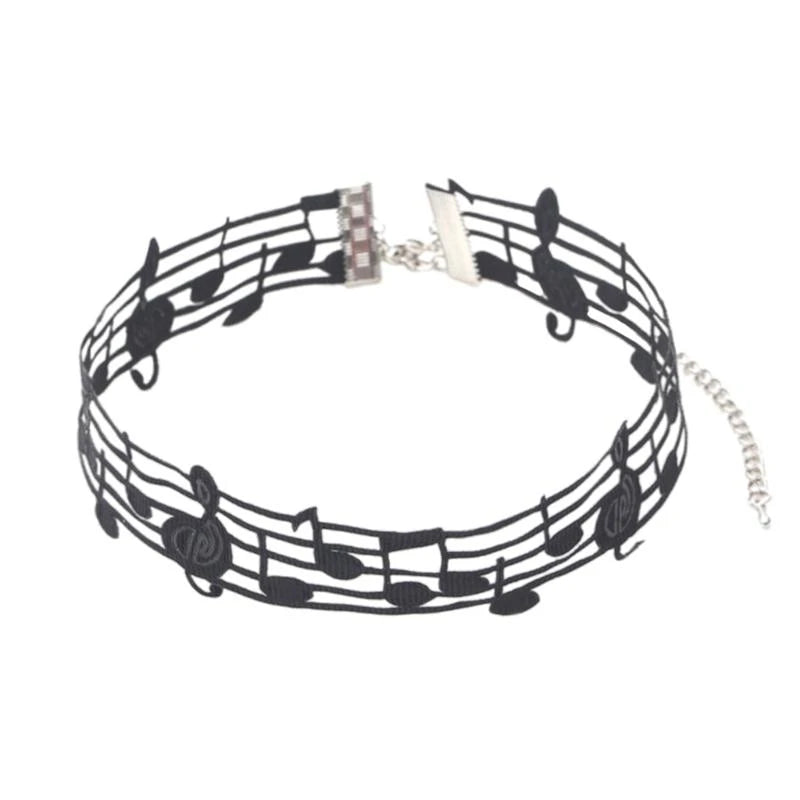 Elegant Black Alloy and Ribbon Necklace with Distinctive Note Distinctive Fashion Jewelry Perfect for Party and Concerts