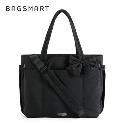 BAGSMART Padded Tote Bag With Bow Casual Quilted Padded Women Shoulder Bags Fit 15.6in Laptop Large Capacity Yoga Gym Bags