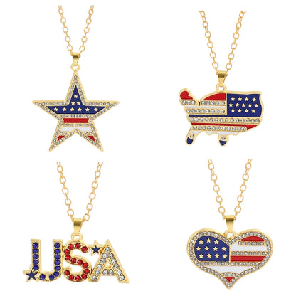USA Flag Necklace US Love Heart Pentagram America Flag Necklace Full Iced Out Rhinestone Men Hip Hop Rock Pendant Neck Chains