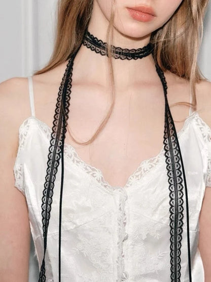 2 Pcs Retro Lace Ribbon Bow Neckband Women Fashion Simple Double Layer Long Tassel Necklace Versatile Neck Ornament Accessories