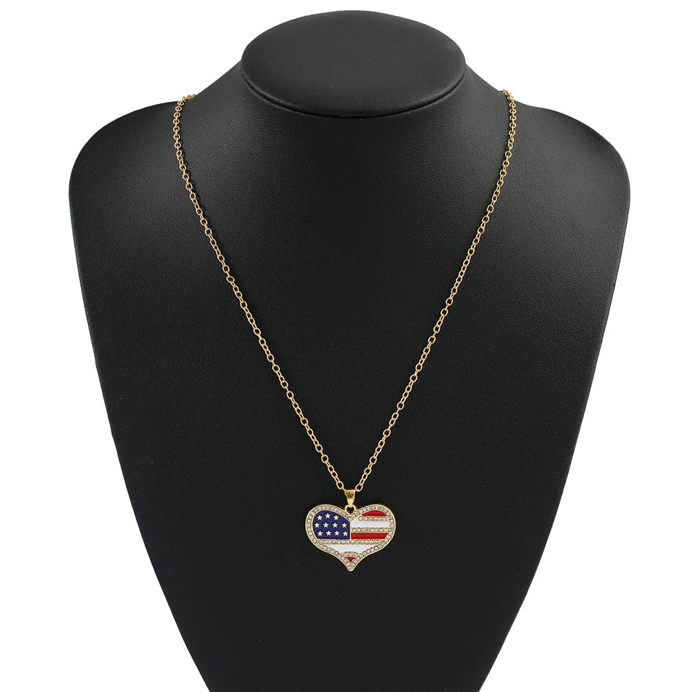 USA Flag Necklace US Love Heart Pentagram America Flag Necklace Full Iced Out Rhinestone Men Hip Hop Rock Pendant Neck Chains