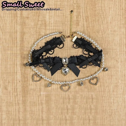 Handmade Choker Necklaces Double Pearl bow love jewelry gemstone sweet Cute Kawaii Collar Lolita Collarbone Chain Cecklace Women