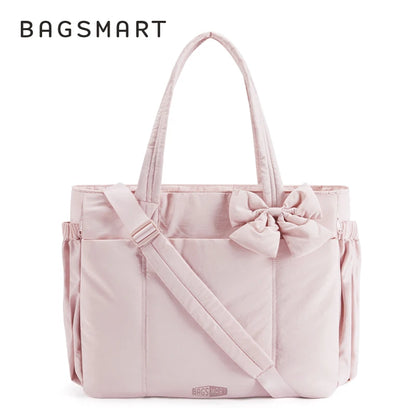 BAGSMART Padded Tote Bag With Bow Casual Quilted Padded Women Shoulder Bags Fit 15.6in Laptop Large Capacity Yoga Gym Bags