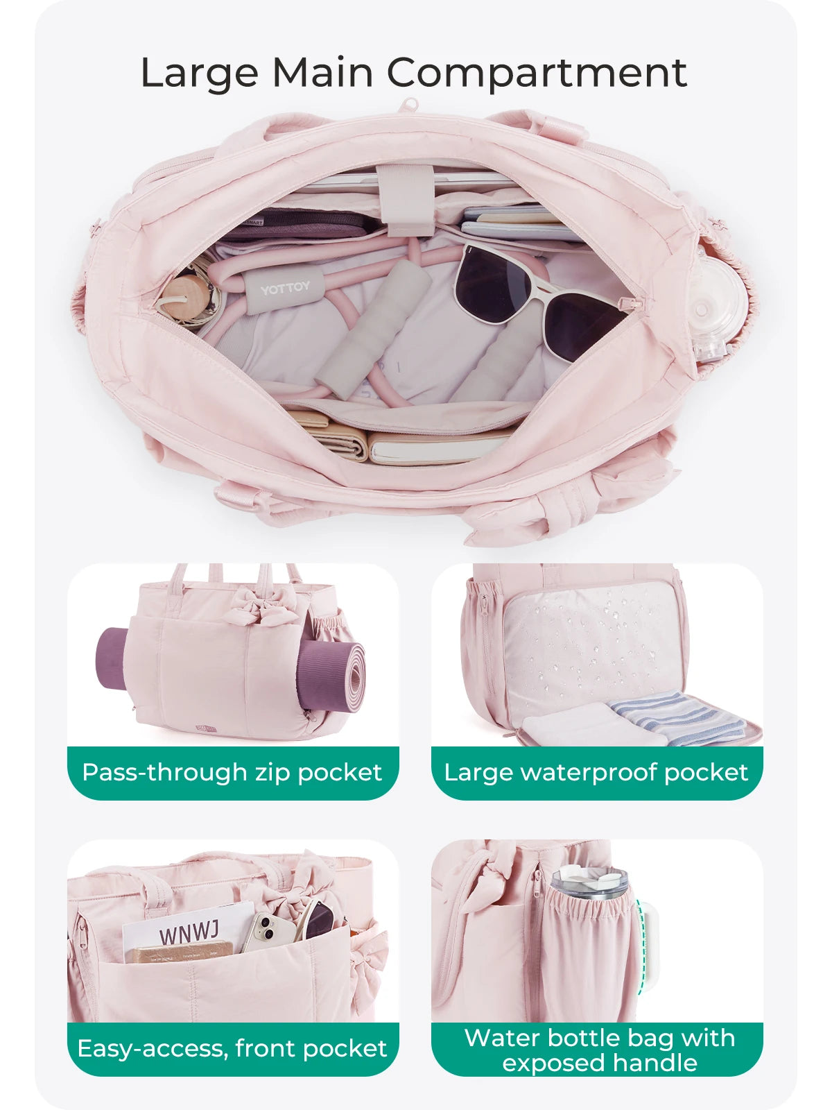 BAGSMART Padded Tote Bag With Bow Casual Quilted Padded Women Shoulder Bags Fit 15.6in Laptop Large Capacity Yoga Gym Bags