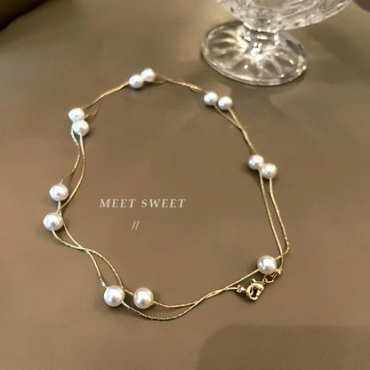 Korean Double-layered Pearl Necklace Personalized Fashionable Women's Clavicle Beaded Necklace Holiday Banquet Girl Jewelr Gift