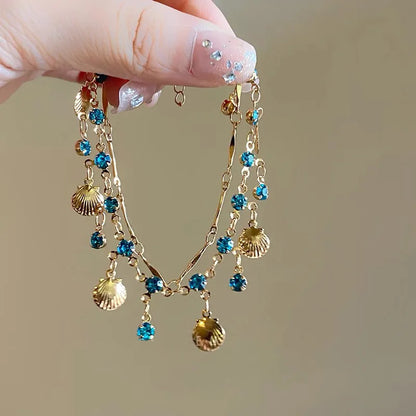New Romantic Elegant Blue Crystal Shell Tassels Necklace for Women Luxury Charm Clavicle Chain Simple Wedding Jewelry Gifts