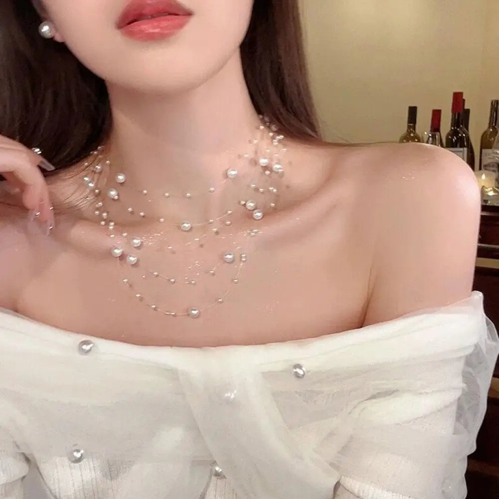 Elegant White Pearl Necklace Women's Clavicle Chain New 2025 Style Autumn/Winter High-End Sweater Chain Multi-Layer Pearl
