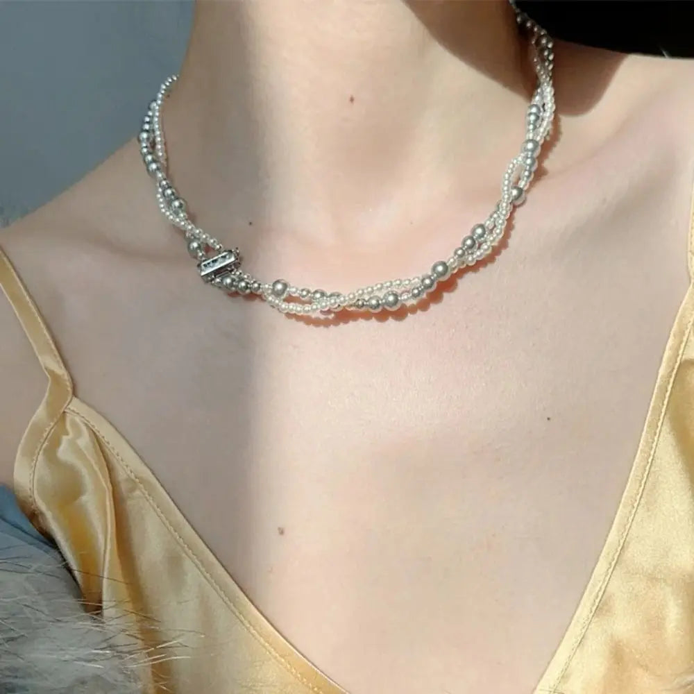 New Alloy/Titanium Steel Pearl Wrapped Double-layer Necklace Bilayer Pearl Double Layered Necklace Woman Pearl Necklace