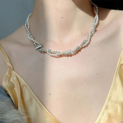 New Alloy/Titanium Steel Pearl Wrapped Double-layer Necklace Bilayer Pearl Double Layered Necklace Woman Pearl Necklace