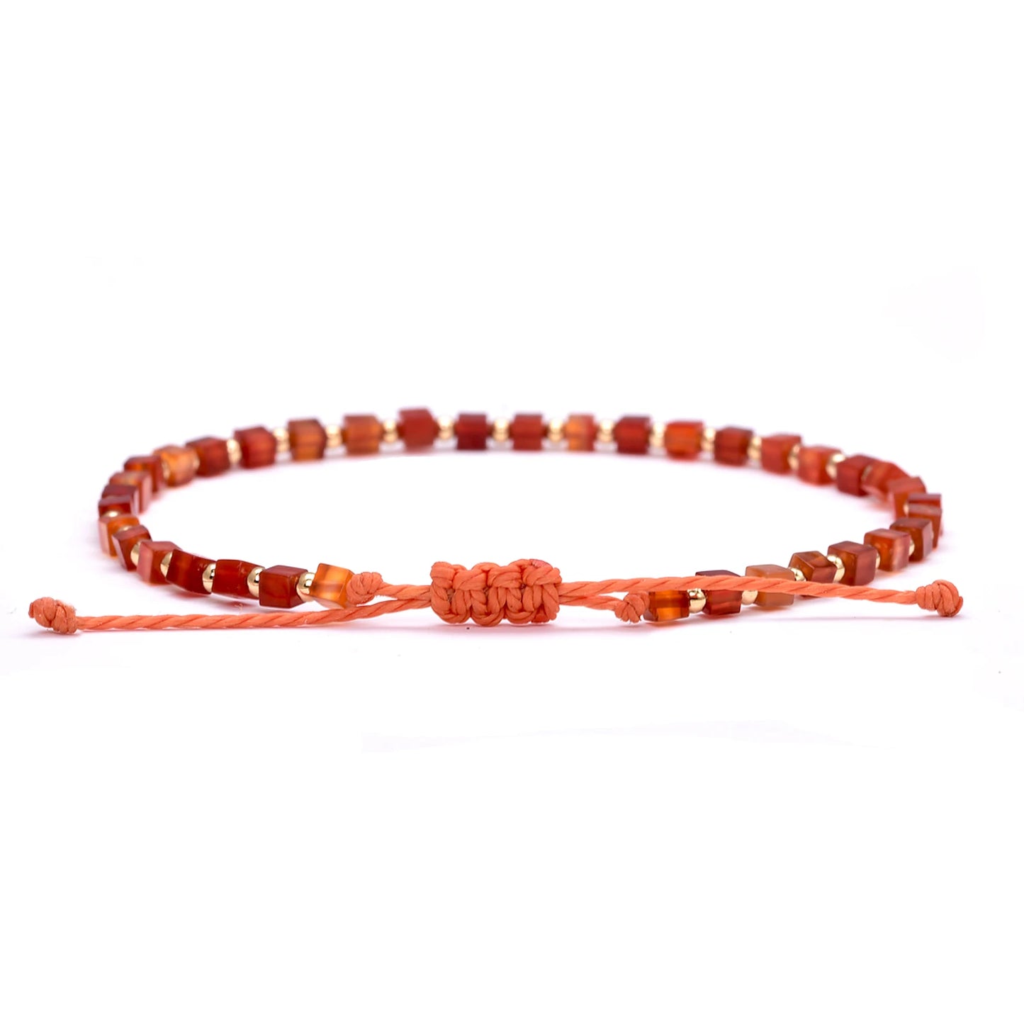Red Carnelian Bracelet for Women Dainty 2mm Small Square Agate 14k Gold Plated Copper Bead Braided Bracelets