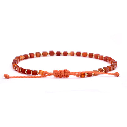 Red Carnelian Bracelet for Women Dainty 2mm Small Square Agate 14k Gold Plated Copper Bead Braided Bracelets