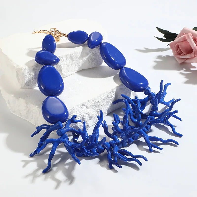 Trendy Choker Beaded Chain Bohemian Necklaces&Earrings Set for Women Big Beads Coralline Pendant Necklace Bib Set Jewelry Gifts