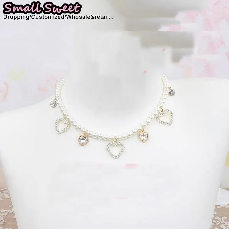 Handmade Choker Necklaces Double Pearl bow love jewelry gemstone sweet Cute Kawaii Collar Lolita Collarbone Chain Cecklace Women