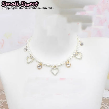 Handmade Choker Necklaces Double Pearl bow love jewelry gemstone sweet Cute Kawaii Collar Lolita Collarbone Chain Cecklace Women