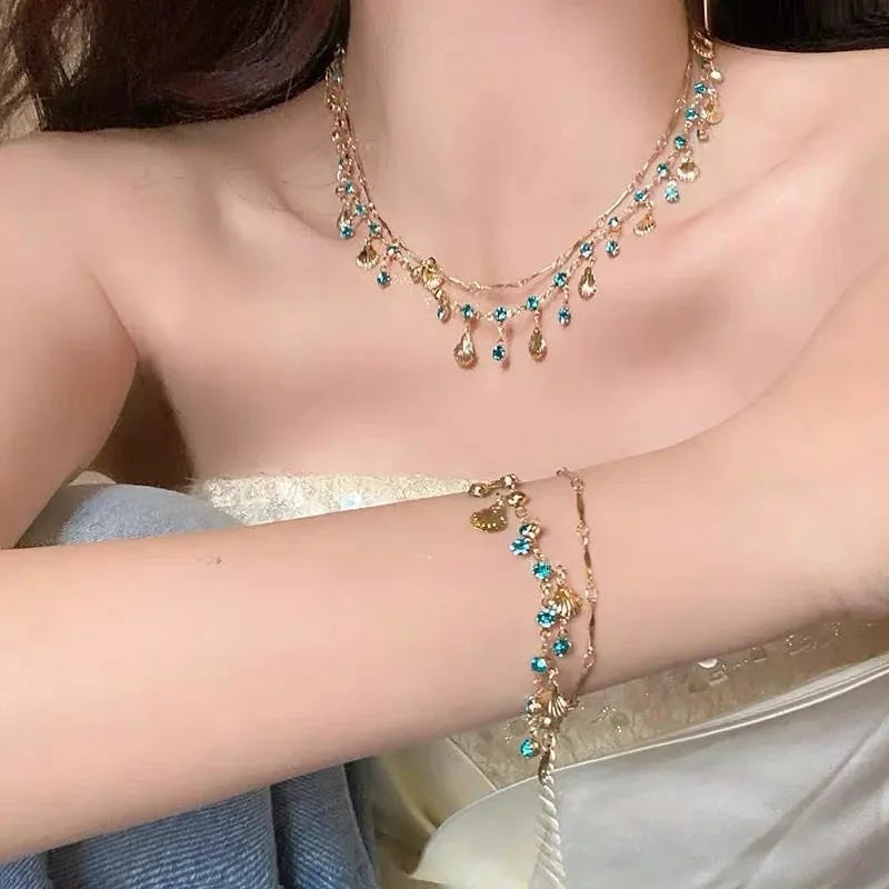 New Romantic Elegant Blue Crystal Shell Tassels Necklace for Women Luxury Charm Clavicle Chain Simple Wedding Jewelry Gifts