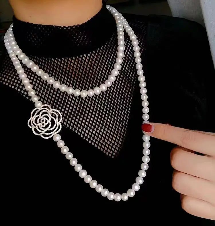 luxury brand large camellia pearl necklace long versatile sweater chain elegant womens necklaces Jewelry on the neck