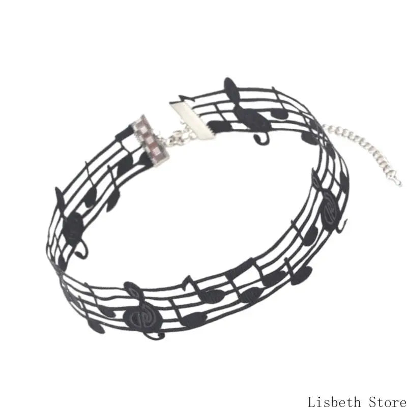 Elegant Black Alloy and Ribbon Necklace with Distinctive Note Distinctive Fashion Jewelry Perfect for Party and Concerts