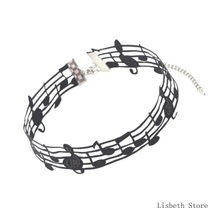 Elegant Black Alloy and Ribbon Necklace with Distinctive Note Distinctive Fashion Jewelry Perfect for Party and Concerts