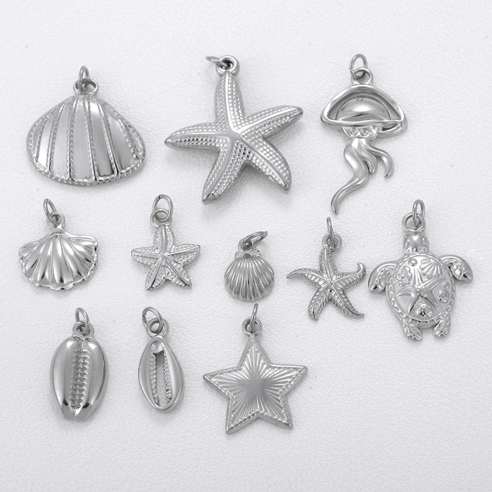 Necklaces Women Spring Buckle Chain Silvery Ocean Series Pendant Shell Conch Sea Star Pendants Stainless Steel Women's Jewelry