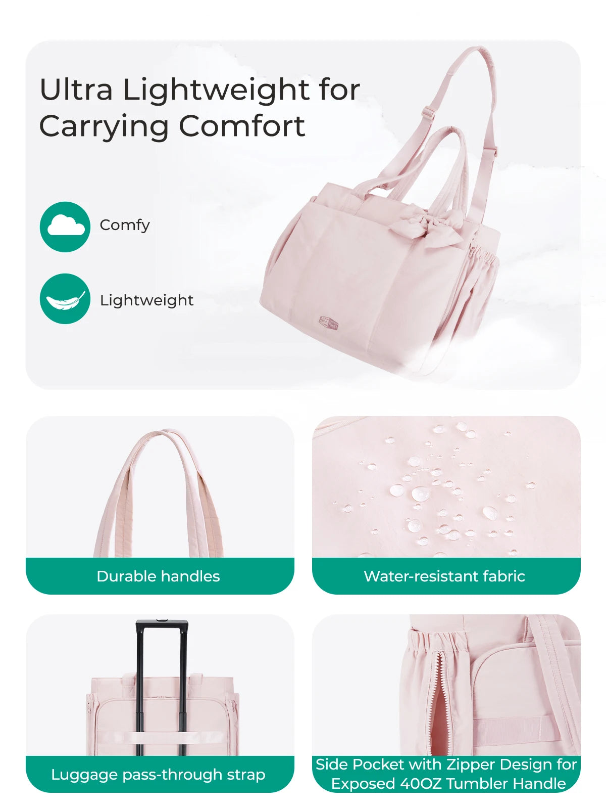 BAGSMART Padded Tote Bag With Bow Casual Quilted Padded Women Shoulder Bags Fit 15.6in Laptop Large Capacity Yoga Gym Bags