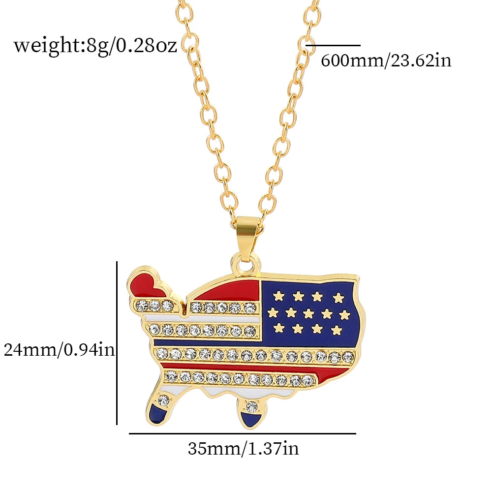 USA Flag Necklace US Love Heart Pentagram America Flag Necklace Full Iced Out Rhinestone Men Hip Hop Rock Pendant Neck Chains
