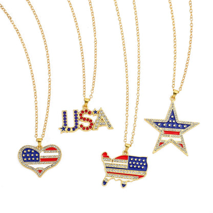 USA Flag Necklace US Love Heart Pentagram America Flag Necklace Full Iced Out Rhinestone Men Hip Hop Rock Pendant Neck Chains