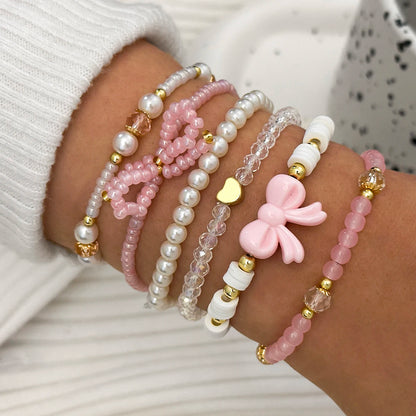 6Pcs/Set European and American Cute Pearl Love Beaded Bow Bracelets Set For Women Simple Design Sweet Jewelry Gifts