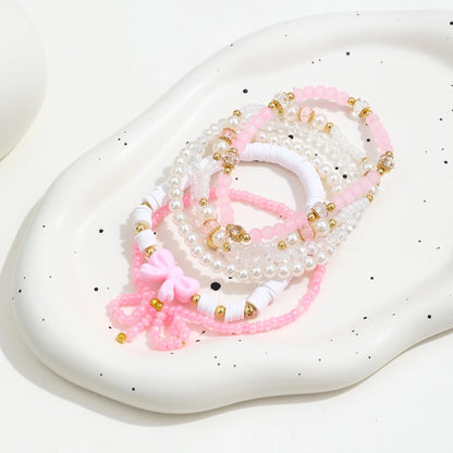 6Pcs/Set European and American Cute Pearl Love Beaded Bow Bracelets Set For Women Simple Design Sweet Jewelry Gifts