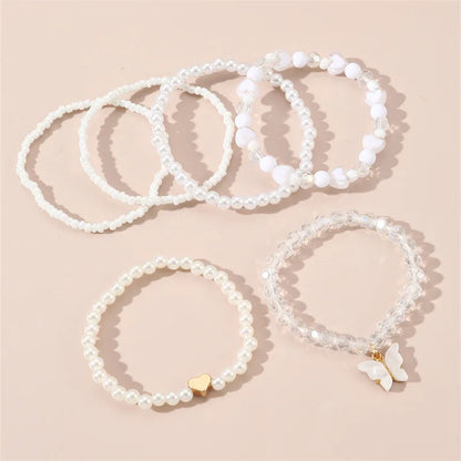 European and American Bracelet Simple Design Sweet Cute Pearl Love Beaded Butterfly Pendant Bracelet 6 Pieces suit
