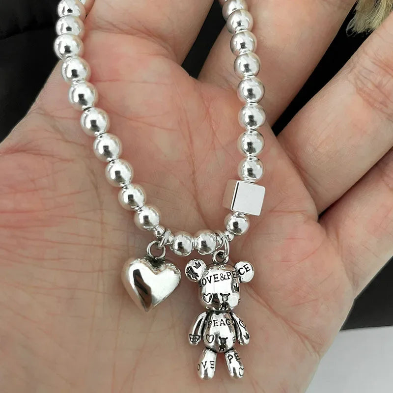 Stainless steel Bracelets for Women String of Beads Accessories Trend Vintage Simple Cute Bear Pendant Party Jewelry