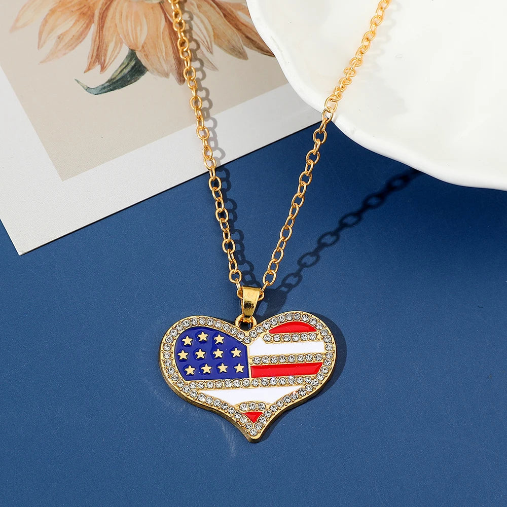 USA Flag Necklace US Love Heart Pentagram America Flag Necklace Full Iced Out Rhinestone Men Hip Hop Rock Pendant Neck Chains