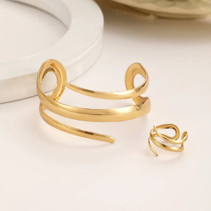 European and American Thick Bracelet and Ring Jewelry Set for Women Gold Color Geometric Line Bracelet Ring Combination Set Gift