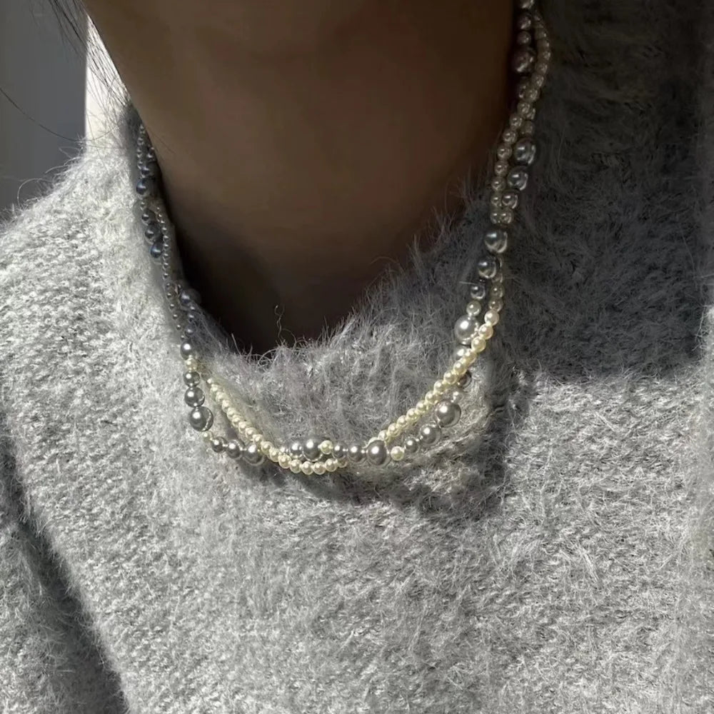 New Alloy/Titanium Steel Pearl Wrapped Double-layer Necklace Bilayer Pearl Double Layered Necklace Woman Pearl Necklace