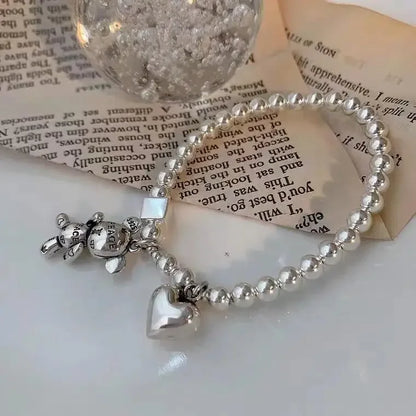 Stainless steel Bracelets for Women String of Beads Accessories Trend Vintage Simple Cute Bear Pendant Party Jewelry