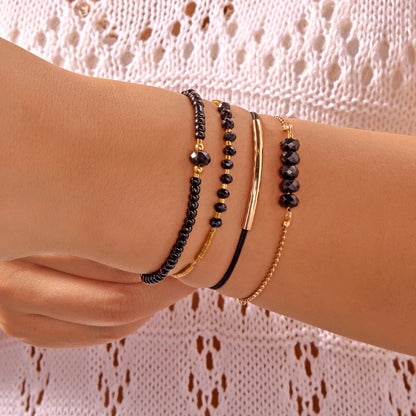 Handmade Black Crystal Beaded Bracelet for Women Minimalist Rice Beads Elastic Rope Bracelet Summer Vacation Party Jewelry Gift