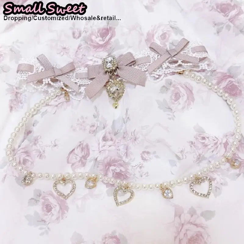 Handmade Choker Necklaces Double Pearl bow love jewelry gemstone sweet Cute Kawaii Collar Lolita Collarbone Chain Cecklace Women