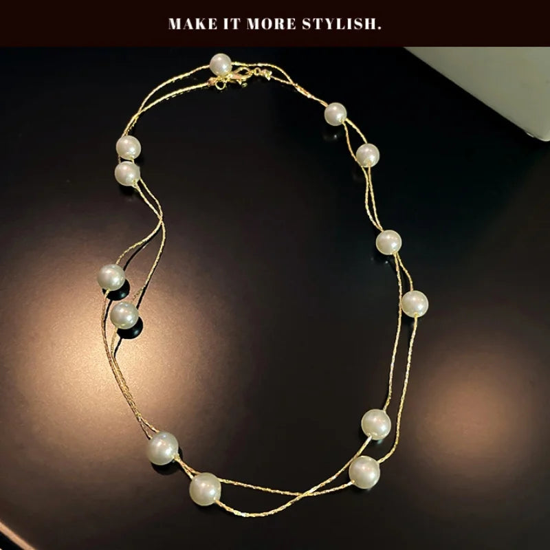 Korean Double-layered Pearl Necklace Personalized Fashionable Women's Clavicle Beaded Necklace Holiday Banquet Girl Jewelr Gift